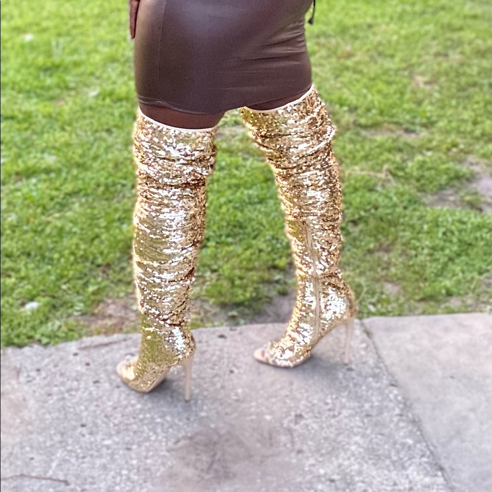 Gold thigh high boots